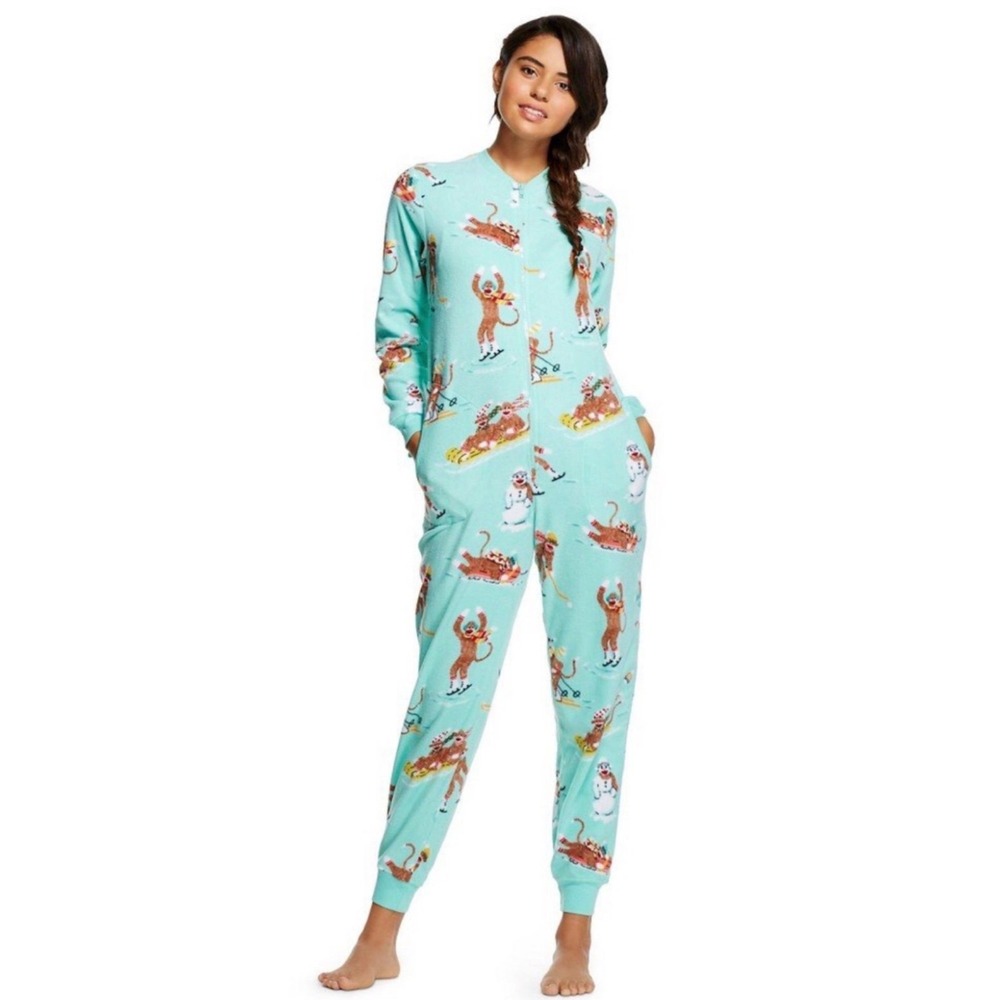 Nick & Nora Sock Monkey Fleece Union‎ Suit Women Small Turquoise Winter Pajamas